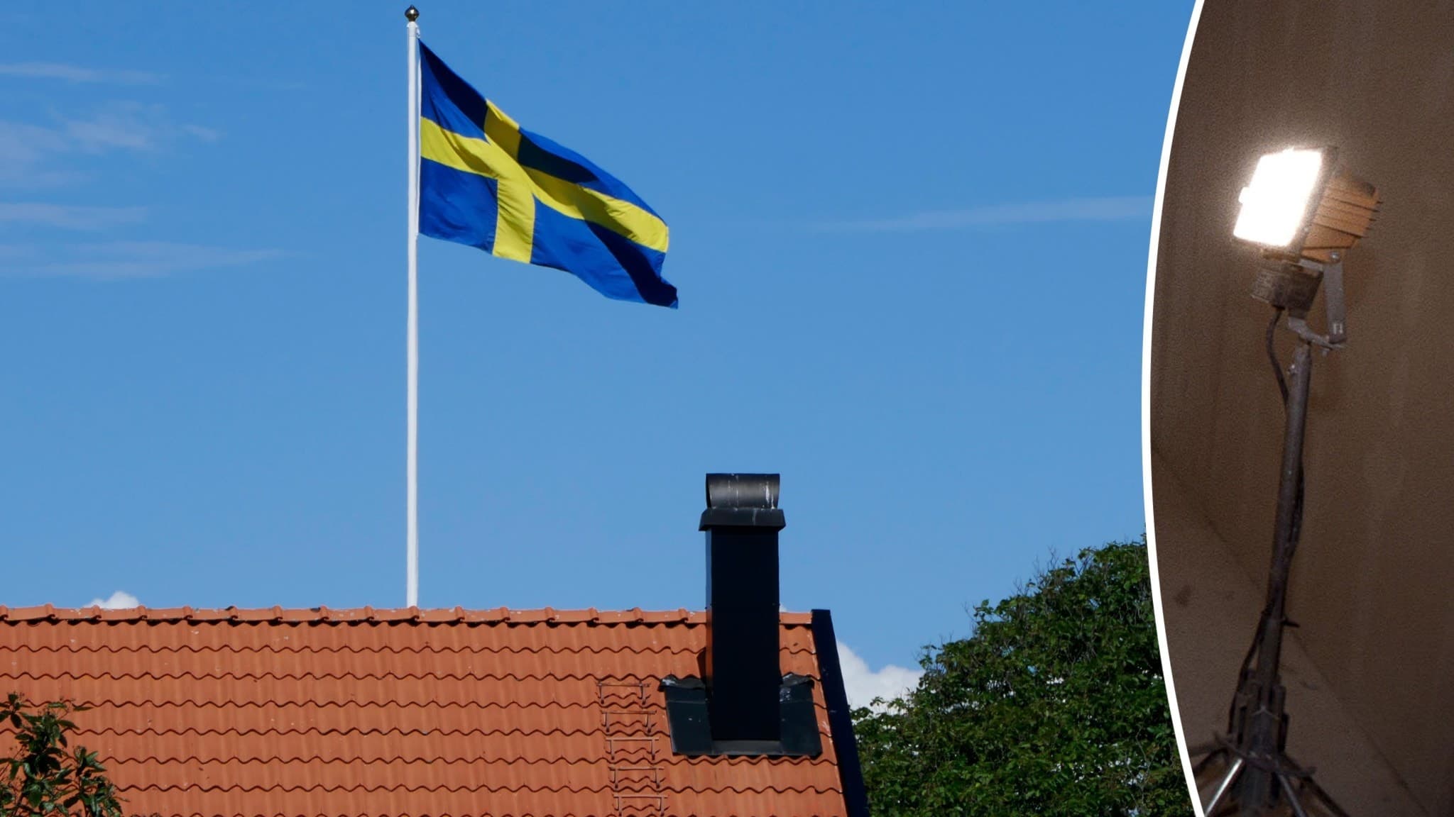 Bildsplitt. Till vänster en flaggstång vid ett hus och till höger en bygglampa.