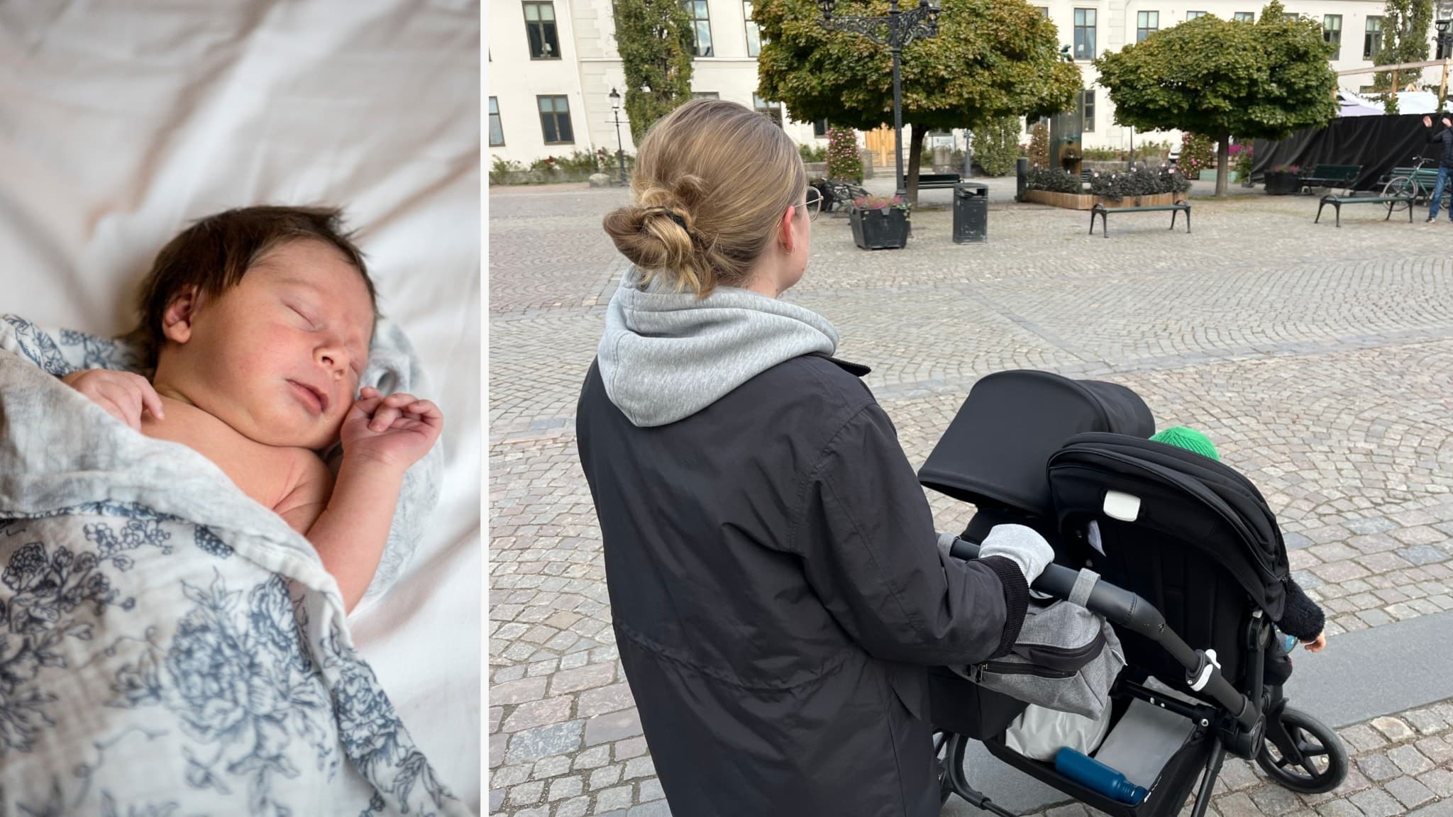 En bild på en bebis som sover och en bild på en kvinna som går med en barnvagn.