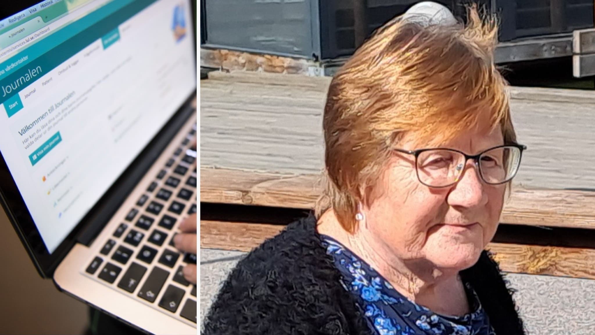Bilden visar en dator med ett journalsystem och en kvinna.