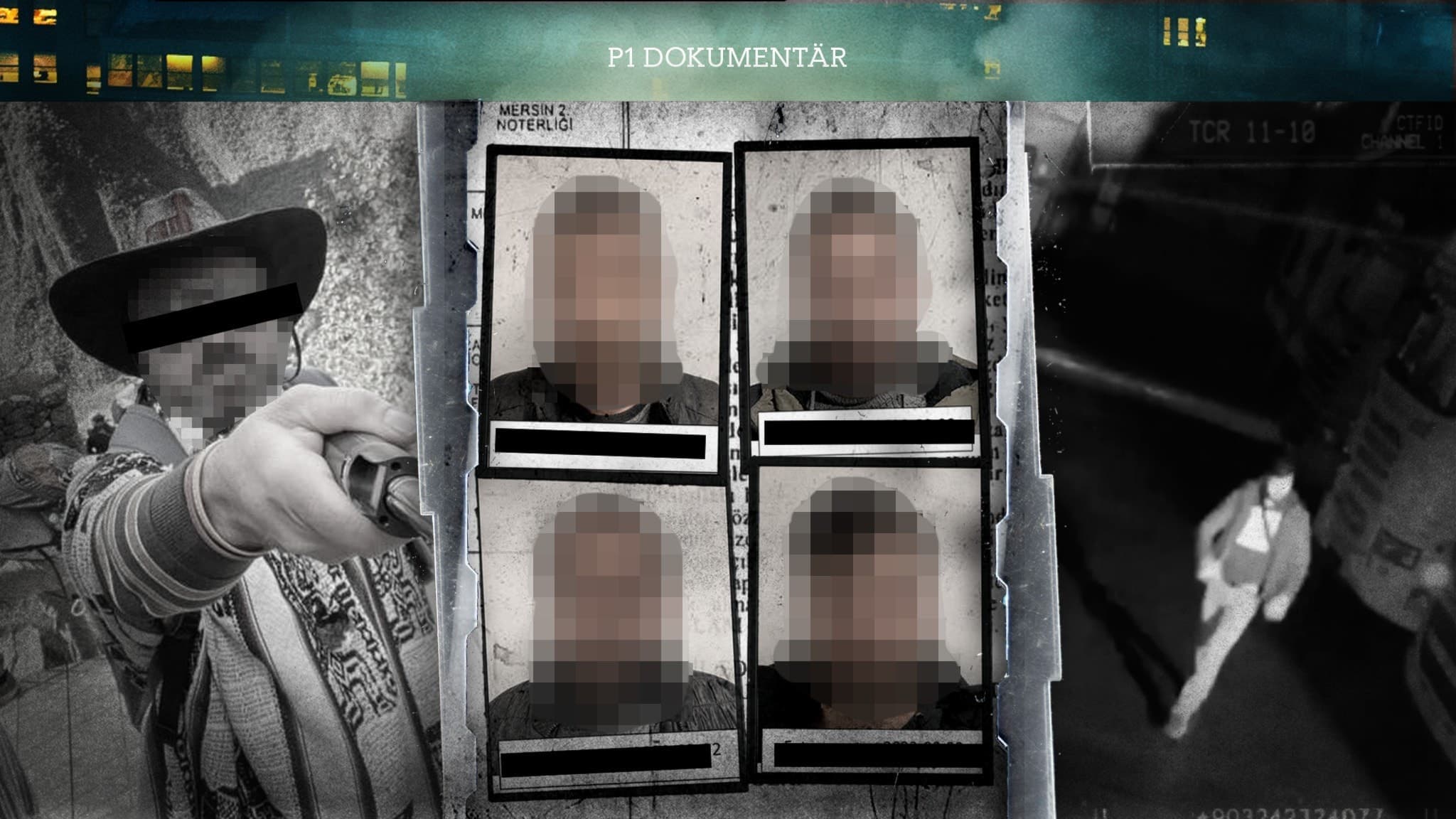 Till vänster syns en man med hatt och skäggstubb som tittar in i kameran. Hans ögon är maskade. I mitten porträtt på fyra versioner. Bilderna är förvrängda. Till höger en övervakningsbild som visar en mansfigur framför en lastbil. 