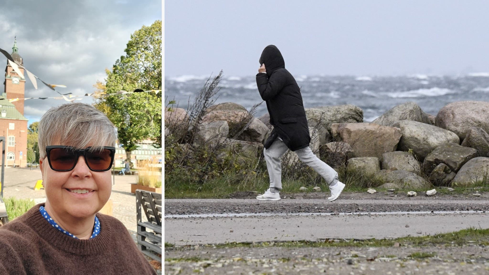 Bildmontage med två delar: till vänster en gata med hus och träd under molnigt väder, till höger en person i mörk klädsel som går vid en stenig kust med kraftiga vågor och blåst.