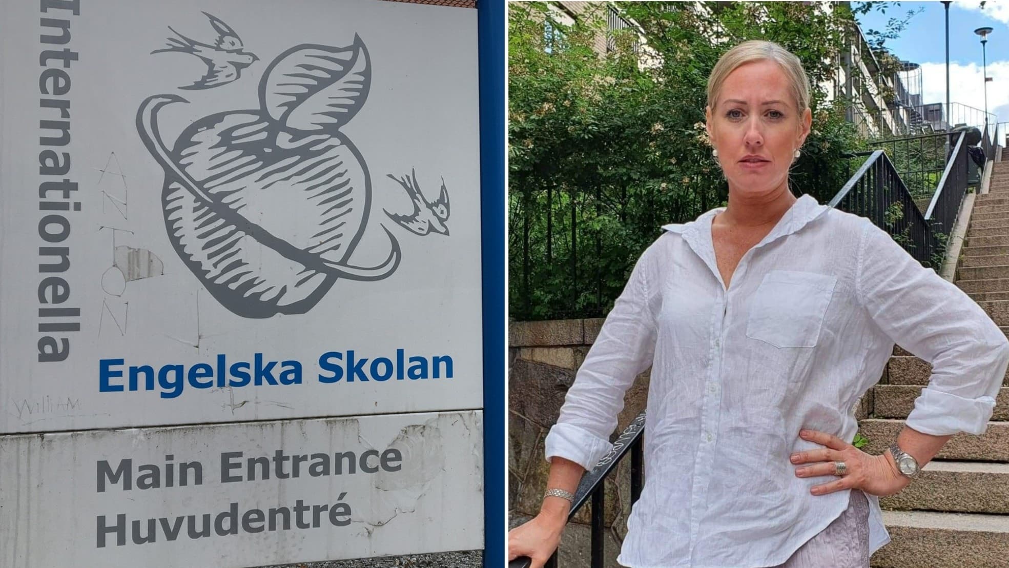 Catharina Hetzer, tidigare företrädare för Sveriges Lärare inom Engelska skolan. Samt en skylt med texten Internationella Engelska skolan. 
