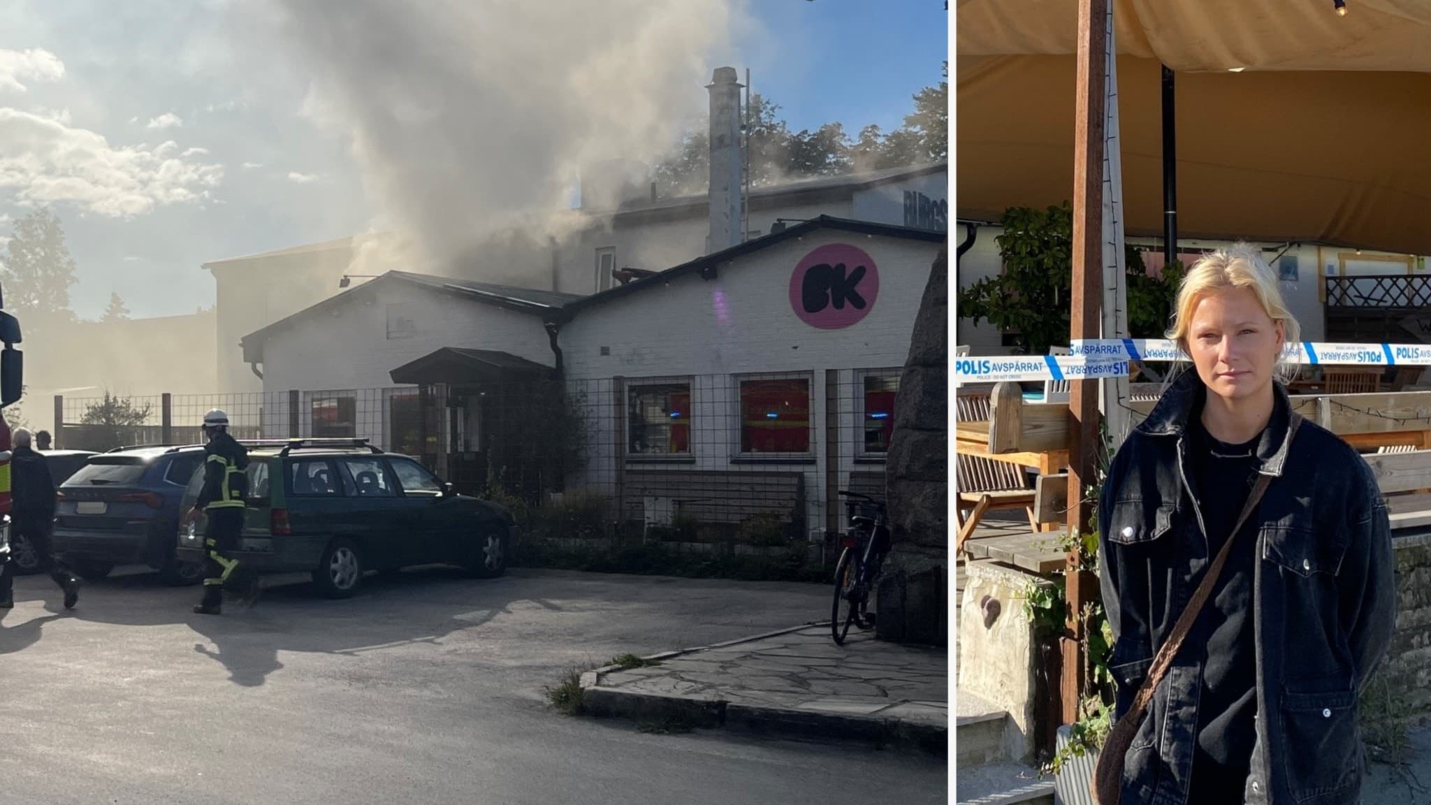 Byggnad med rök som stiger från taket, identifierad som Burgsviks krog. Brandmän och fordon syns vid platsen. Till höger en person i svart jacka framför krogens uteservering.