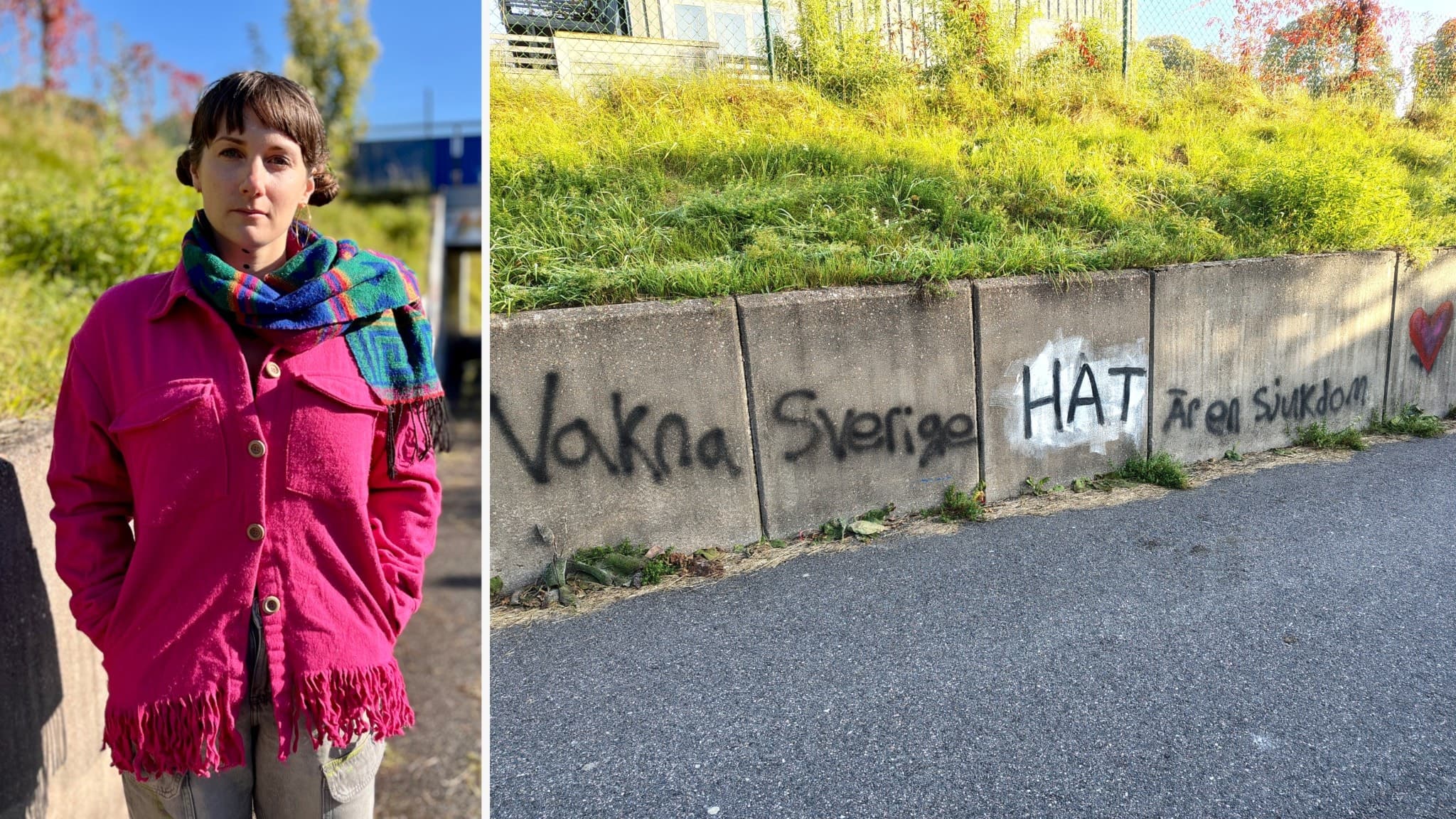 Siri Wallander står i rosa jacka utomhus bredvid en betongvägg med graffiti. 