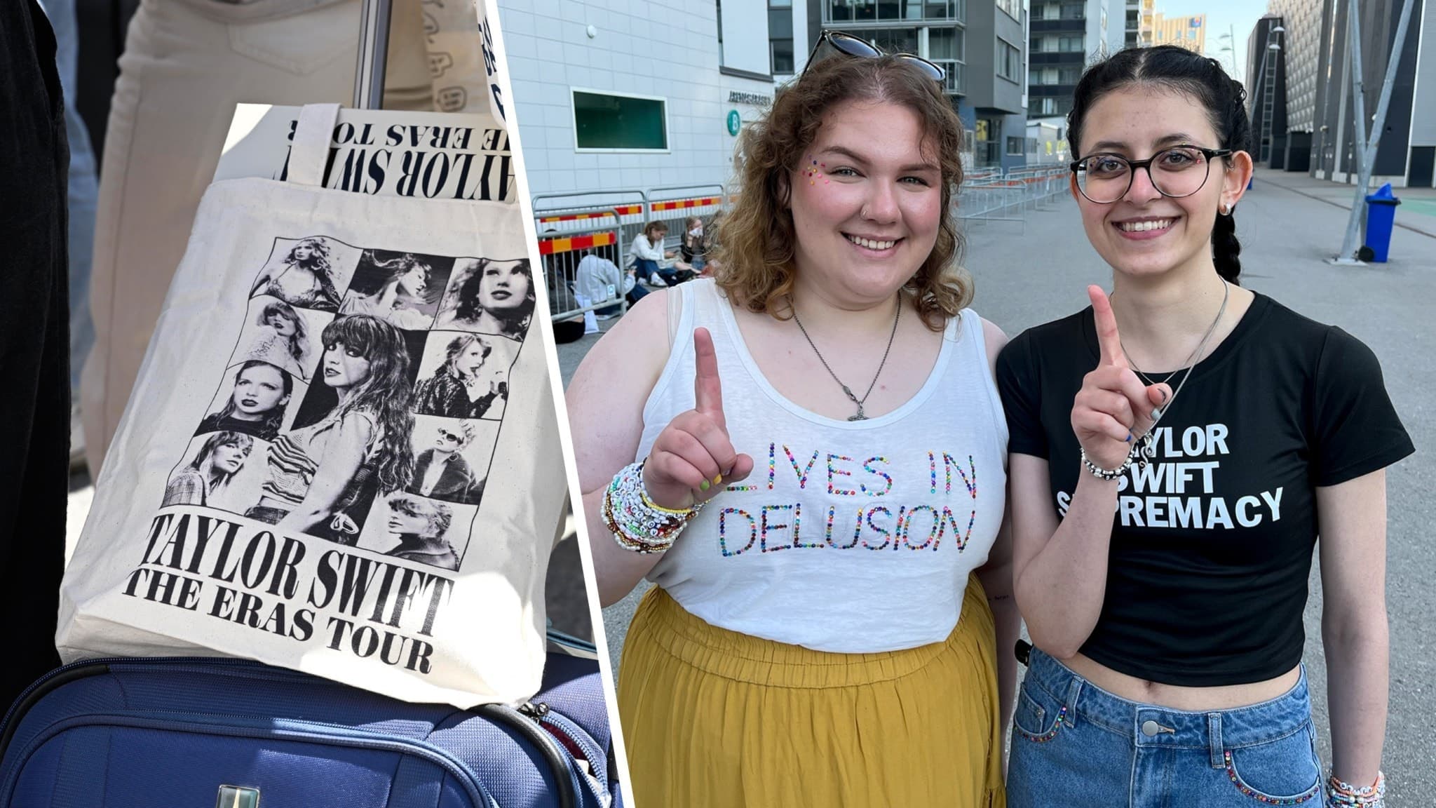 Två tjejer som köar till Taylor Swift i Stockholm.