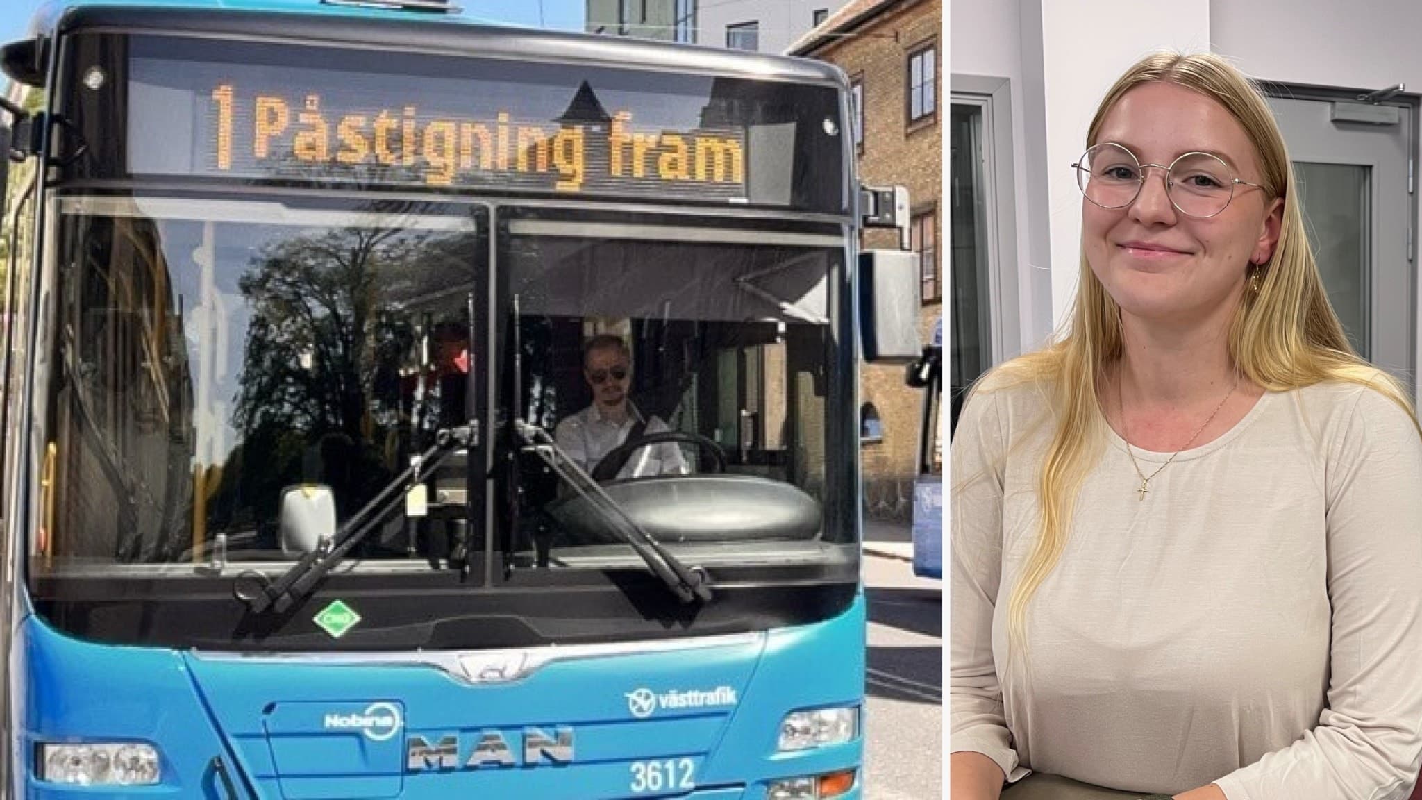 Linnea Kläth, miljöpartist och ordförande för kollektivtrafikrådet i Borås. På en annan bild en blå stadsbuss med skylten Påstigning fram' i stadsmiljö.