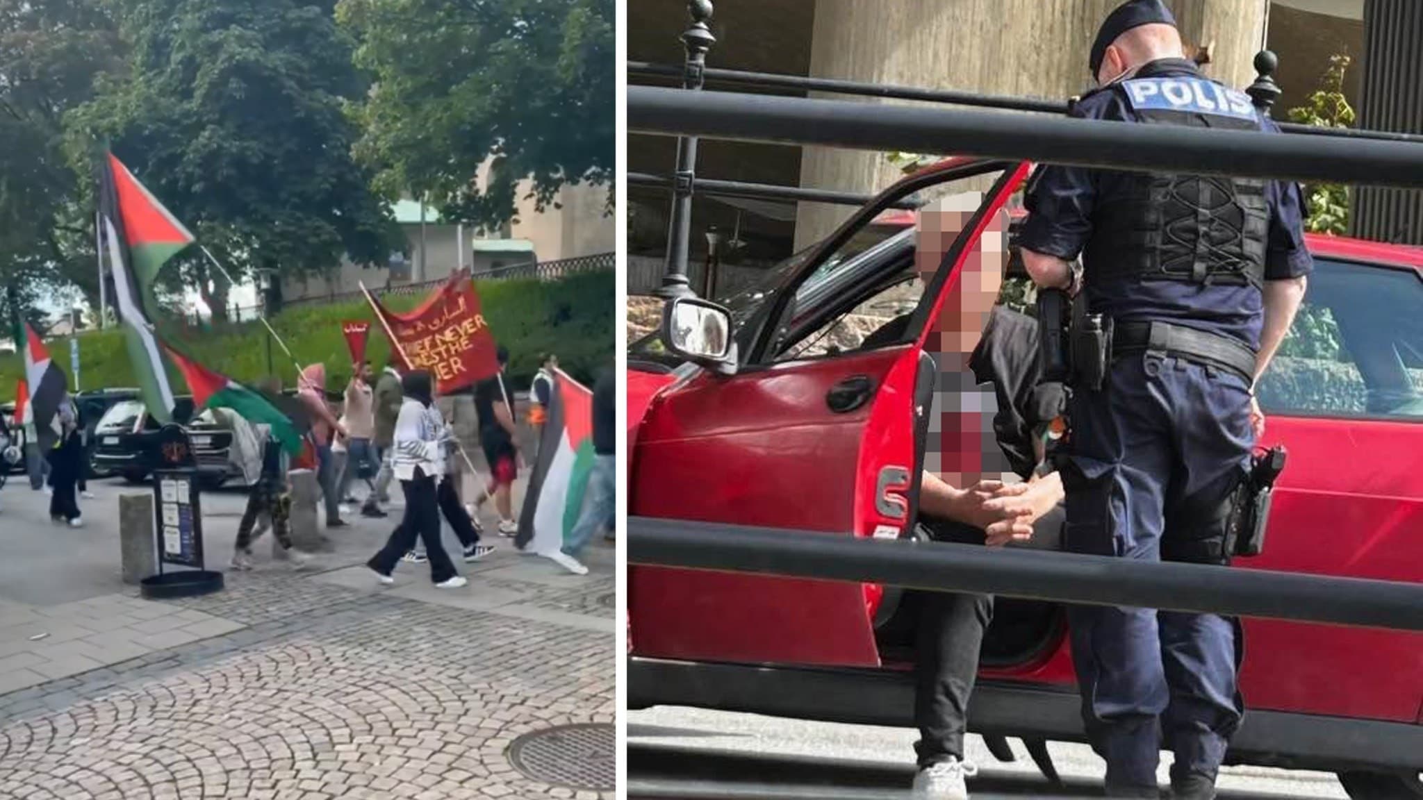 en propalestinsk demonstration i borås
en man i en röd bil som pratar med polisen.
