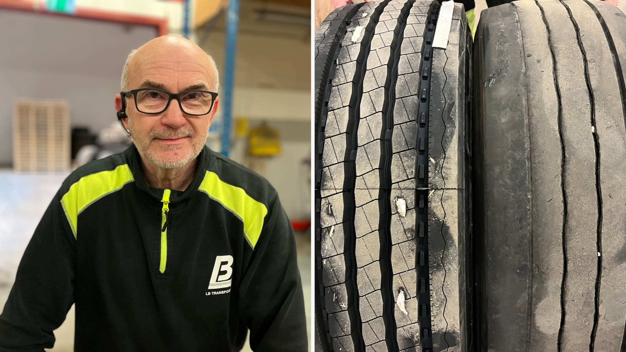 Anders Bergman står i en verkstadsmiljö bredvid en jämförelse av två lastbilsdäck, ett nytt däck och ett slitet däck, som visar skillnaden i mönsterdjup och skick.