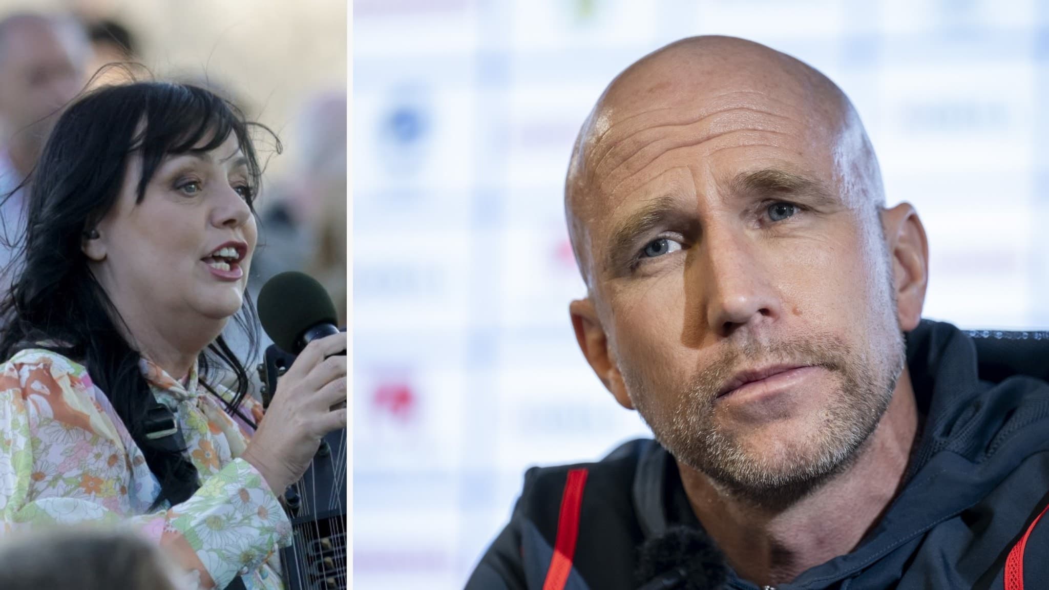 Åsa Jinder håller i en mikrofon och sjunger, medan Henrik Rydström syns vid en presskonferens med bakgrund av sponsorlogotyper.