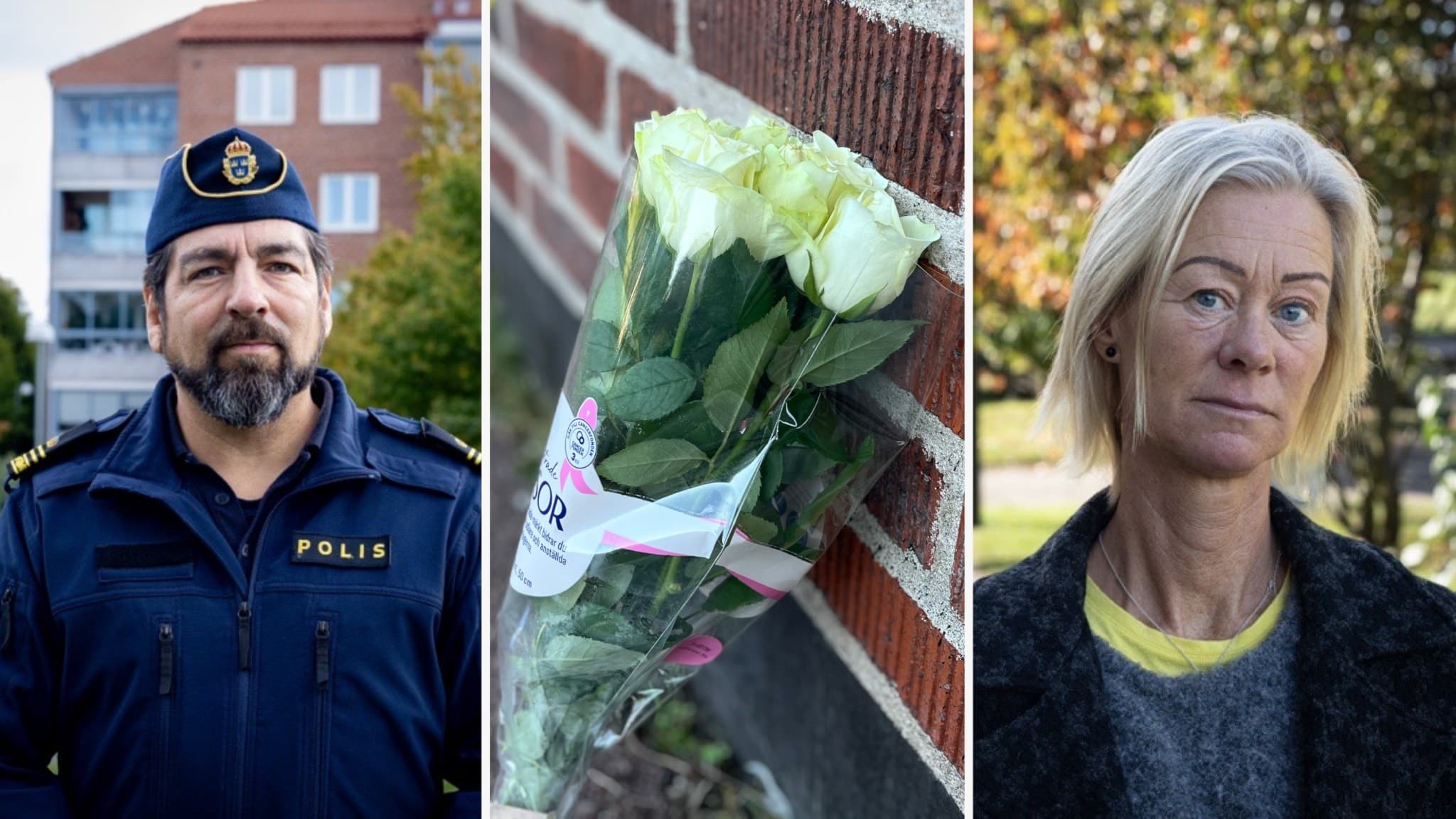 Kommunpolis Tobias Bråhammar i uniform, en bukett vita rosor placerad vid en tegelvägg nära brottsplatsen och Jenny Eklund, som bor i området kring Stenkulaskolan.