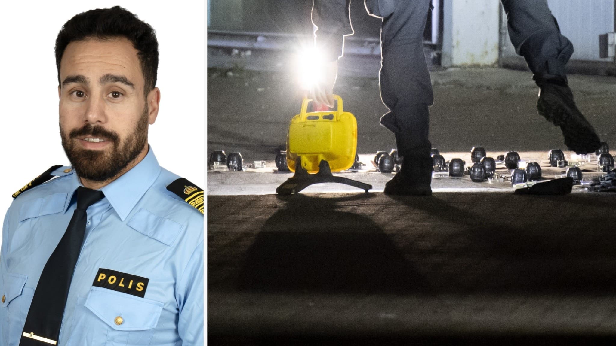 Polis utför teknisk undersökning på en plats där granater hittats, upplyst av en stark lampa. Flera föremål är markerade på marken som en del av utredningen.
