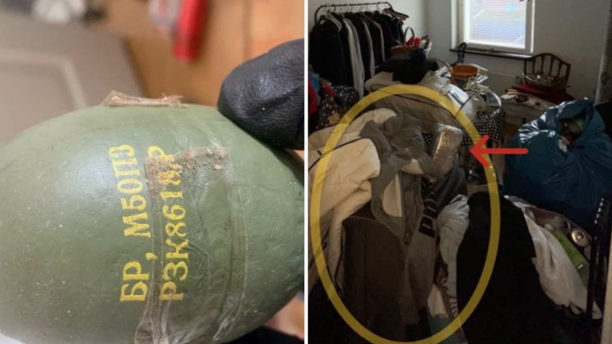 Bild visar en närbild på en grön granat, samt ett rum med klädhögar och en markerad gul cirkel.