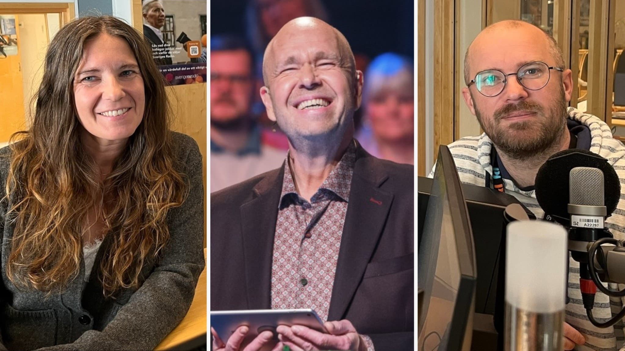 Ett kollage med tre personer i olika miljöer: en kvinna vid ett skrivbord, en man i kavaj  på en scen, och en man vid en mikrofon i en radiostudio.