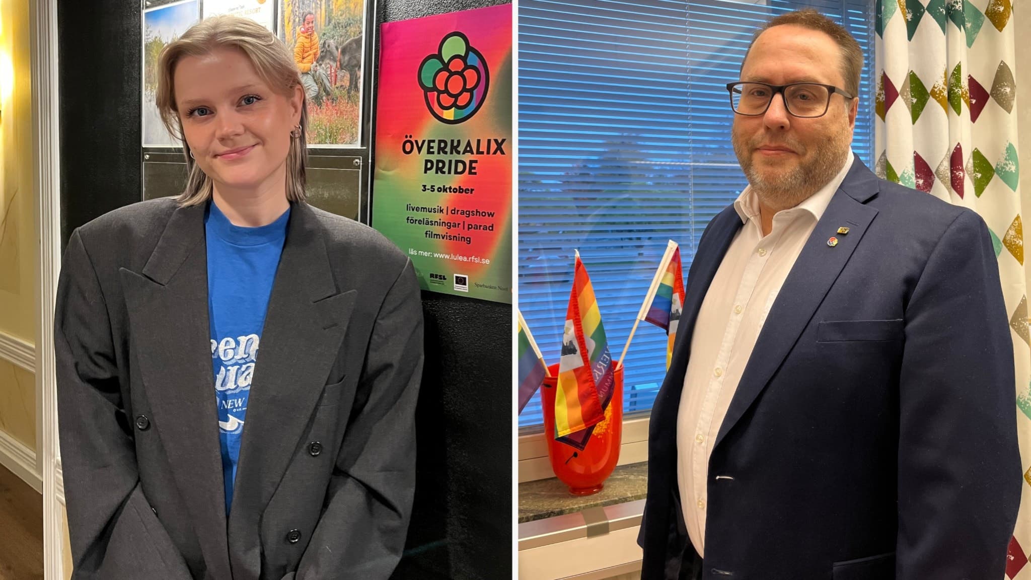 Rebecka Digervall, projektledare på RFSL, står framför en Överkalix Pride-affisch. Niclas Hökfors, kommunalråd, står vid ett fönster med prideflaggor. Bilden kopplas till Överkalix Pride.