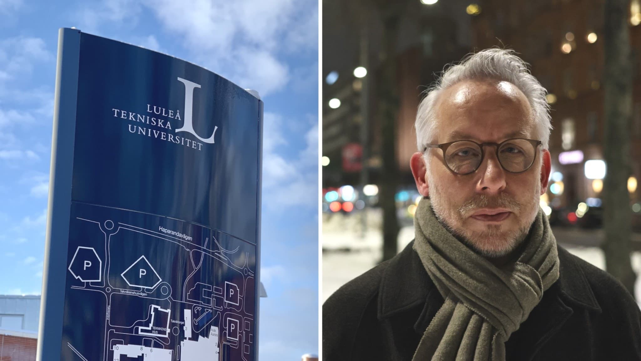 Bildmontage med en blå skylt som visar en karta över Luleå Tekniska universitet till vänster och en man med grått hår, klädd i halsduk, stående utomhus i stadsmiljö till höger.