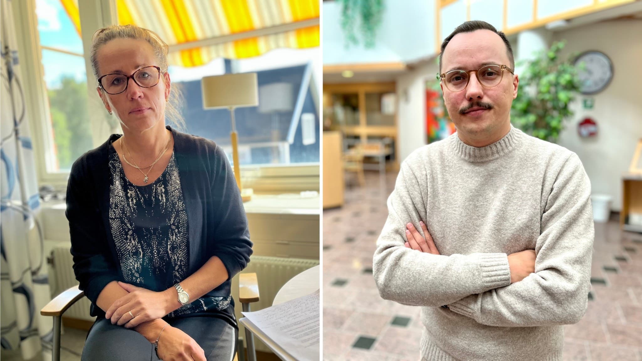 Nataliya Renlund, administrativ chef i Arjeplogs kommun, och Isak Utsi (S), kommunalråd i Arjeplog, sitter och står inomhus i kommunens lokaler med ljus interiör och stora fönster i bakgrunden.