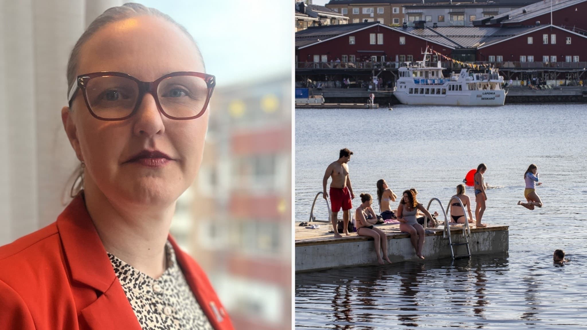 Till vänster syns Carina Sammeli (S) i röd kavaj, kommunalråd i Luleå. Till höger badar människor vid en brygga i Luleå hamn, med röda byggnader och en båt i bakgrunden.