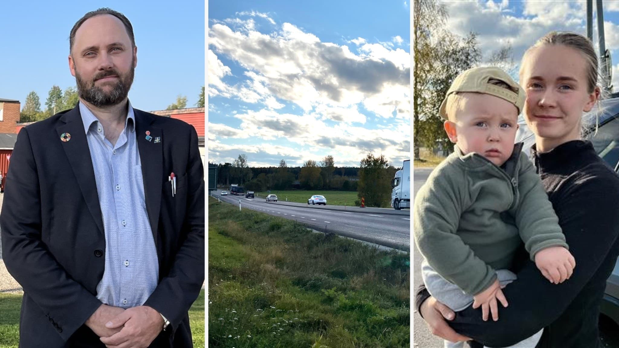 Ola Wigg (S) står vid E4 i Nordanstigs kommun, en väg som han anser behöver åtgärdas. Hanna Thyr i Jättendal syns med sitt barn Tage, och uttrycker oro över vägsträckans säkerhet.