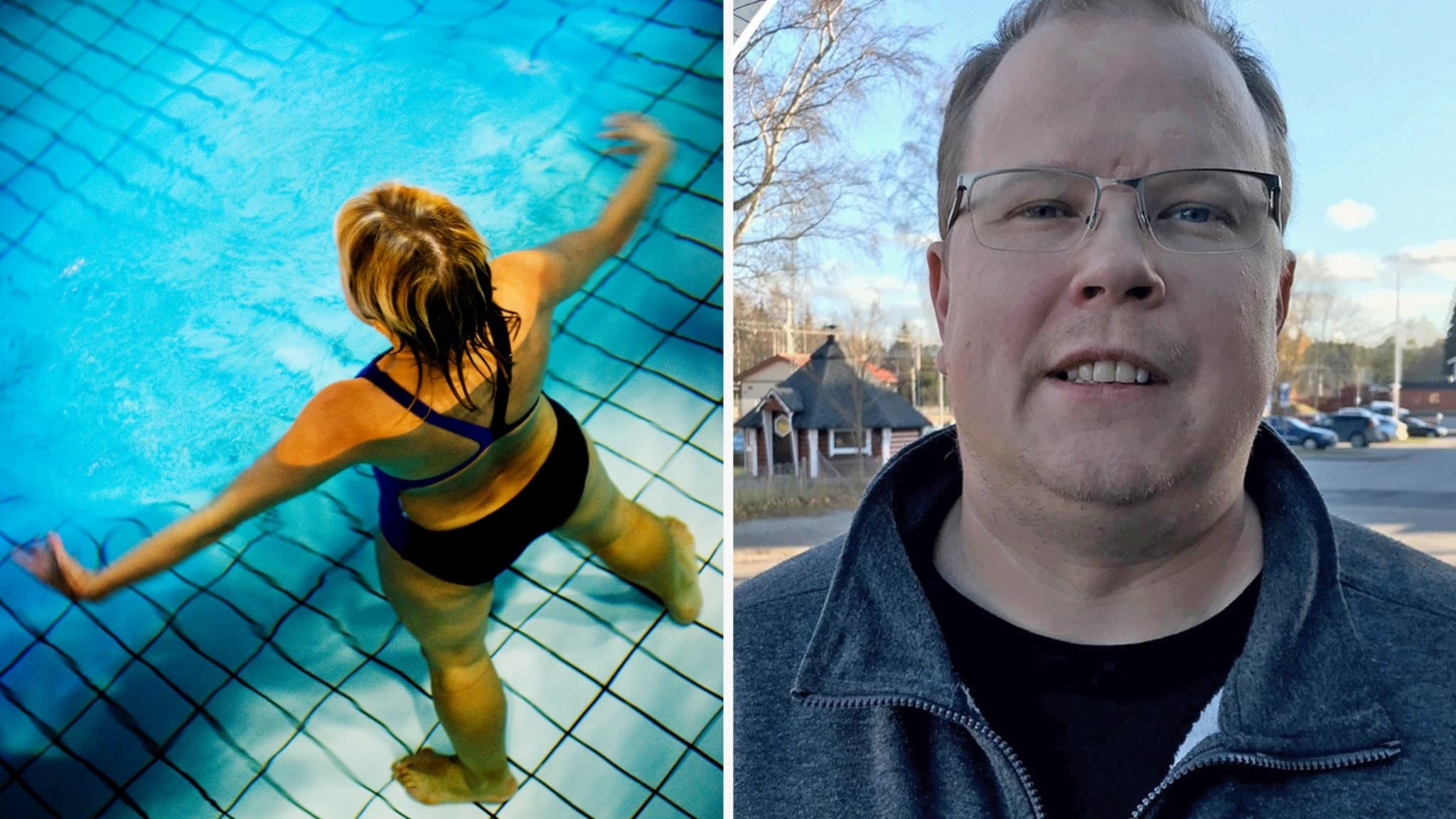 En kvinna ses simma i en bassäng på en simhall i Bollnäs. Socialdemokraten Fredrik Skoglund, från teknik- och fritidsnämnden, diskuteras i samband med utveckling av tre områden.