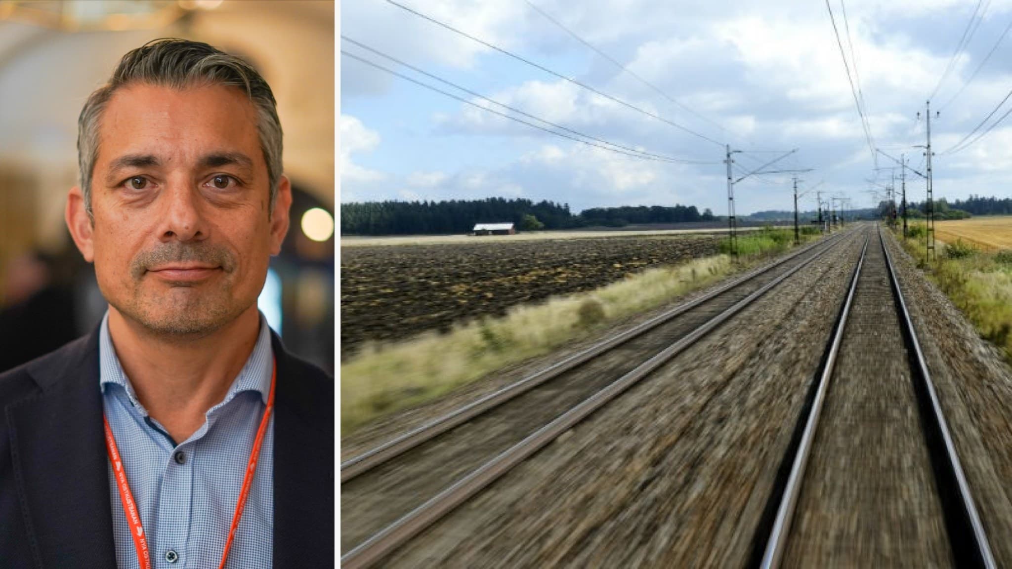 Stephan Ray, kommunikationschef på Green Cargo, står i fokus bredvid en bild av en järnväg med dubbelspår som sträcker sig genom ett öppet landskap under en molnig himmel.
