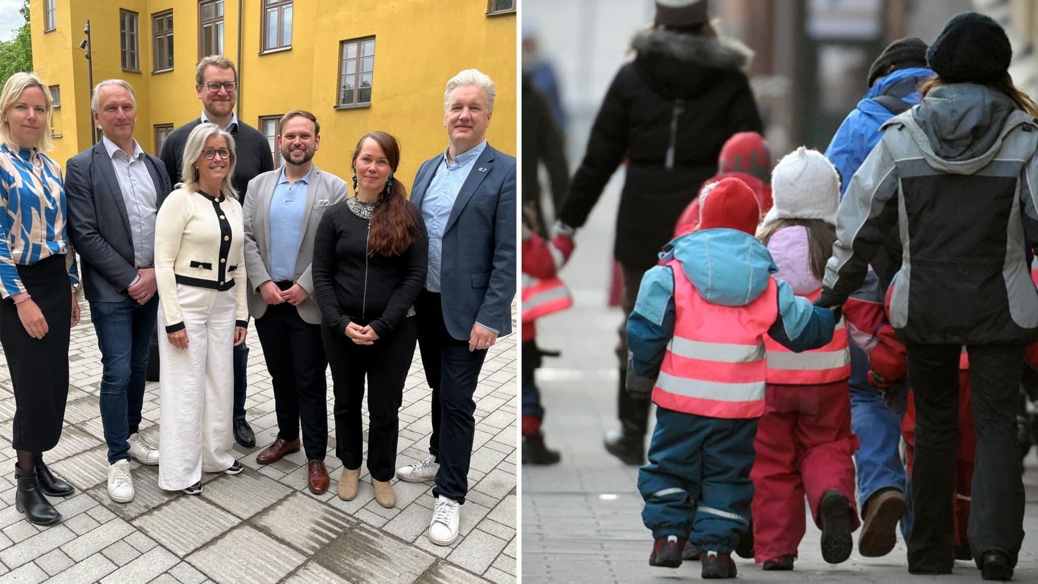 Till vänster: gruppbild på kommunstyrelsen i Gävle. Till höger: barn som går med ryggen mot.