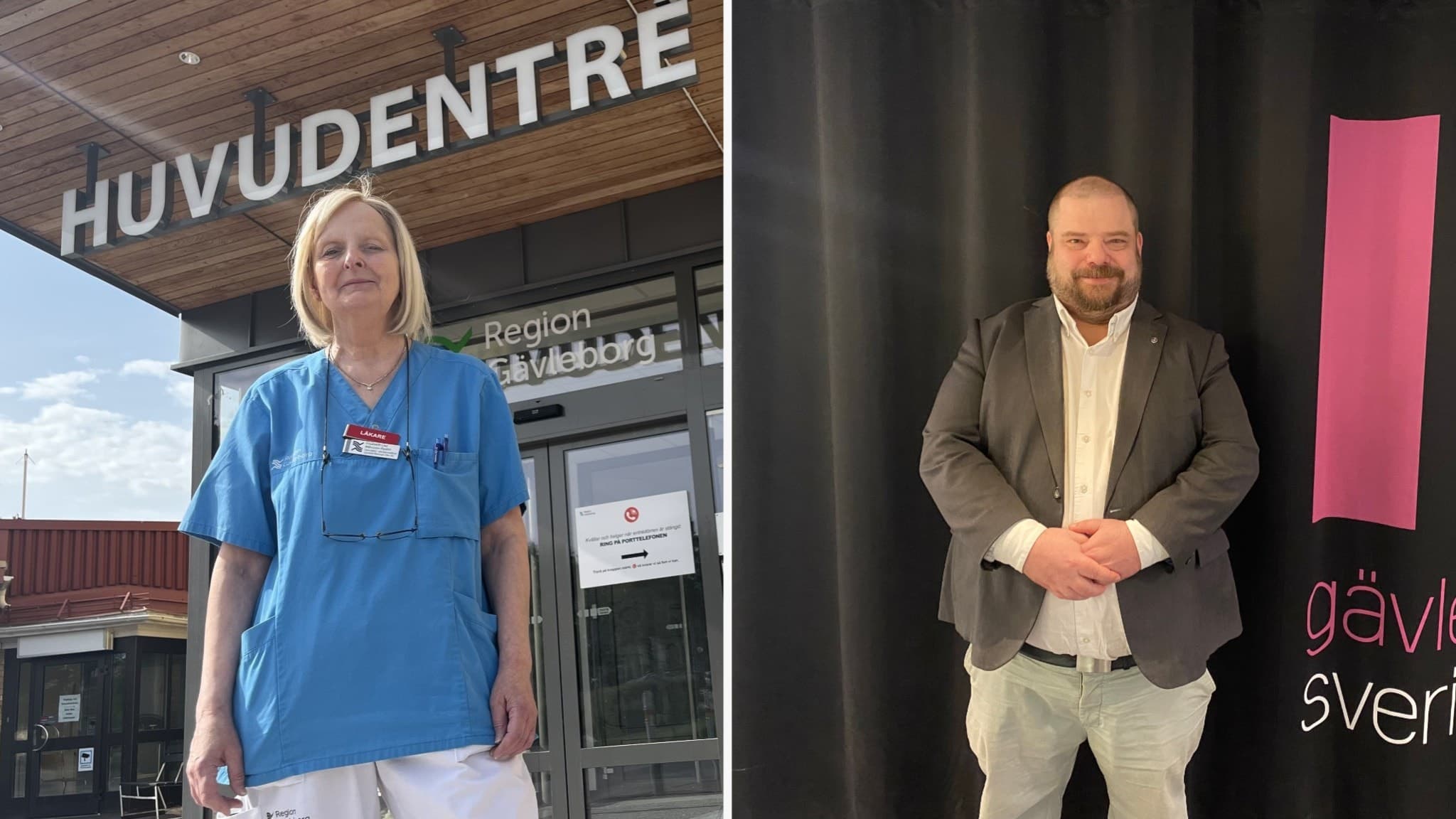Familjeläkaren Lisa Månsson Rydén står utanför en byggnad med texten 'huvudentré', medan Richard Carlsson, Sverigedemokrat och styrelseordförande, står framför en svart bakgrund med rosa detaljer.