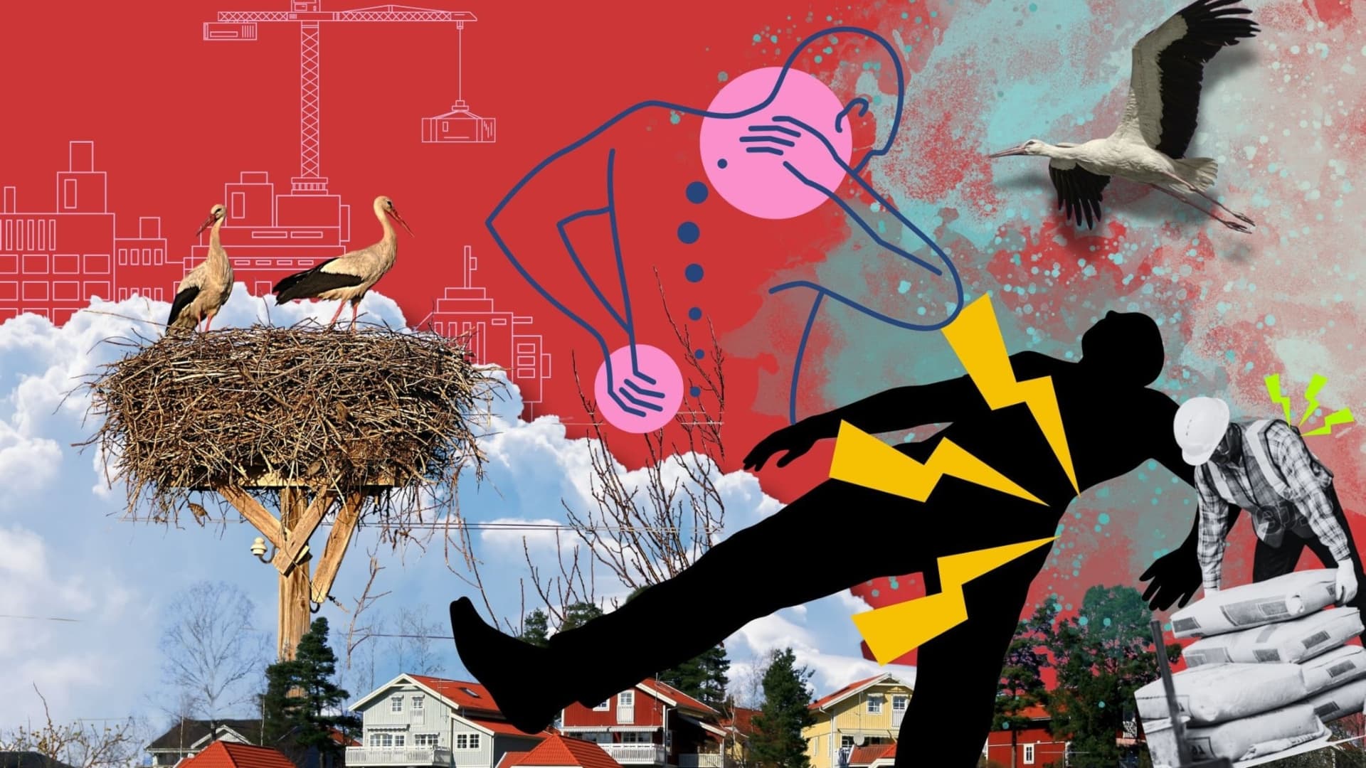 Illustration med silhuetter av en arbetare, fåglar i ett bo, och hus i Gävleborg, omgiven av symbolisk konst med arbetsrelaterade teman. Radiopjäsen ”Arbetaren i Gävleborg” är i fokus.
