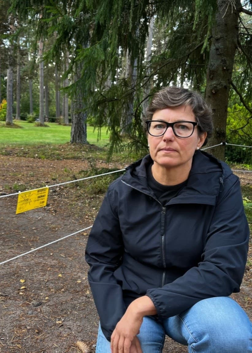 En uppbökad gräsmatta syns bredvid en kvinna som sitter på huk framför ett elstängsel vid en kyrkogård med många träd och buskar.