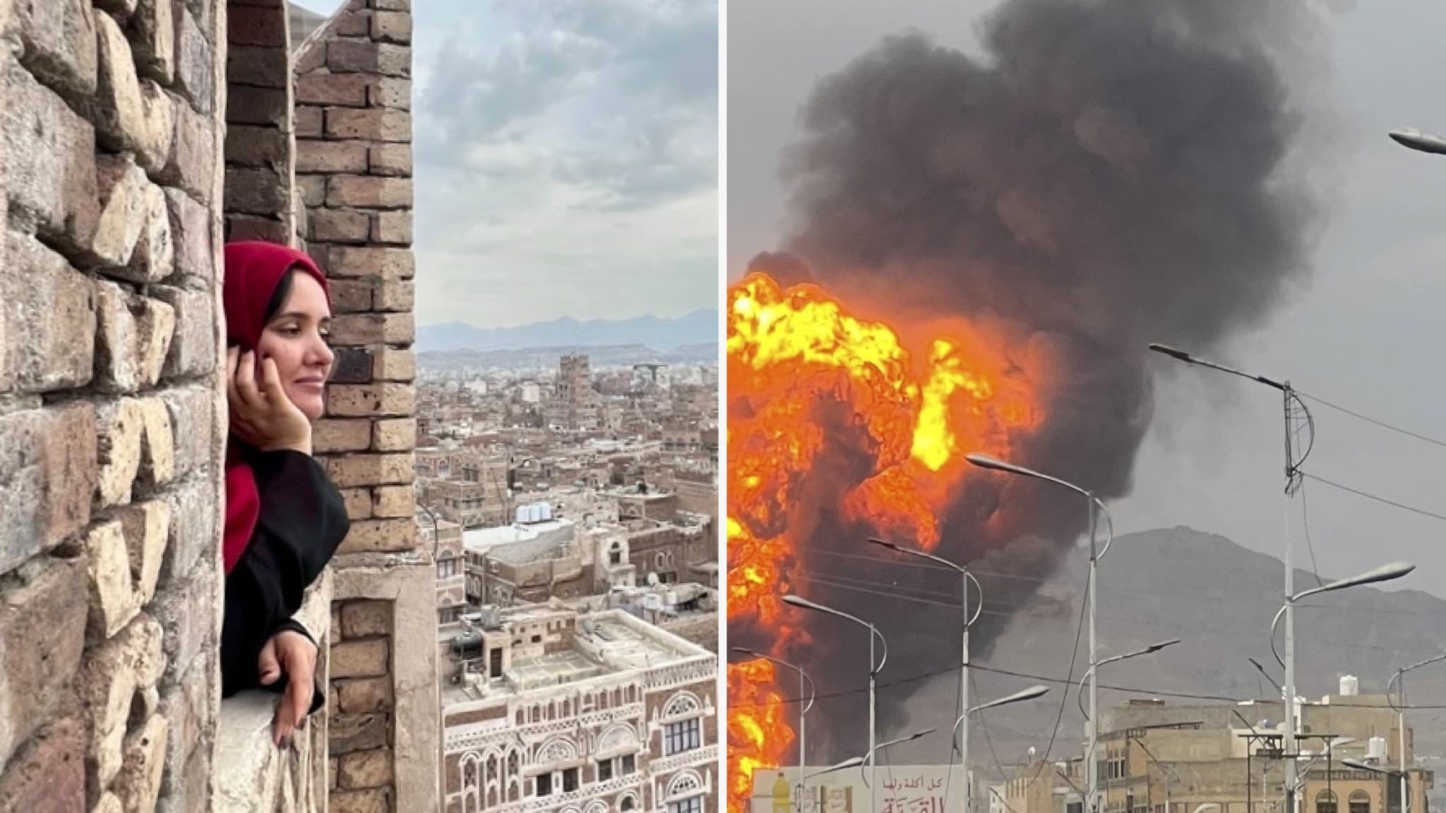 En person klädd i rött ser ut från en byggnad i Jemen. Bredvid syns en stor explosion med eld och rök stiga mot himlen.
