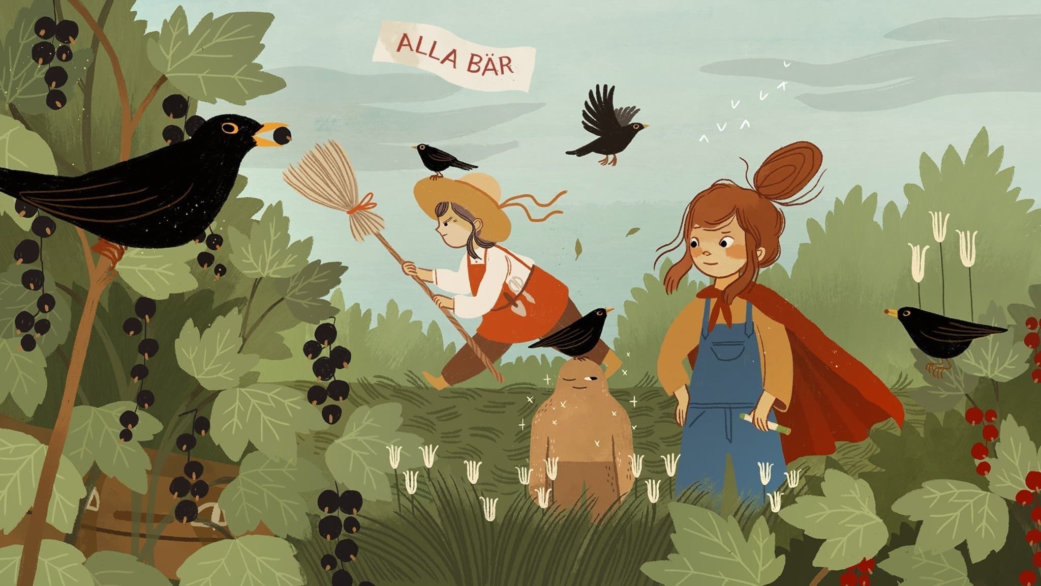 Vilma och resväskan är uppe på moster Anjas vind. Vilma har en hink på huvudet och bär på en stege. Vilma ser beslutsam ut. Väskan ser upprörd ut, på en lapp vid väskan syns ordet HJÄLP. I taket ovanför väskan sitter ett stort getingbo, och många getingar svärmar runt i luften runt Vilma och väskan. Bakom Vilma kikar moster Anja in genom dörren. Illustration: Cecilia Heikkilä