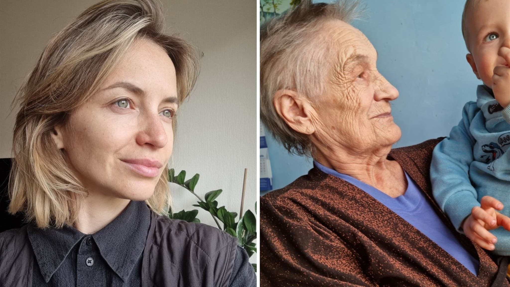 Två bilder visar Svetlana i Malmö och hennes äldre släkting i Ryssland. Svetlana kan inte besöka sin släkt i Ryssland, och de kan inte resa till Sverige.