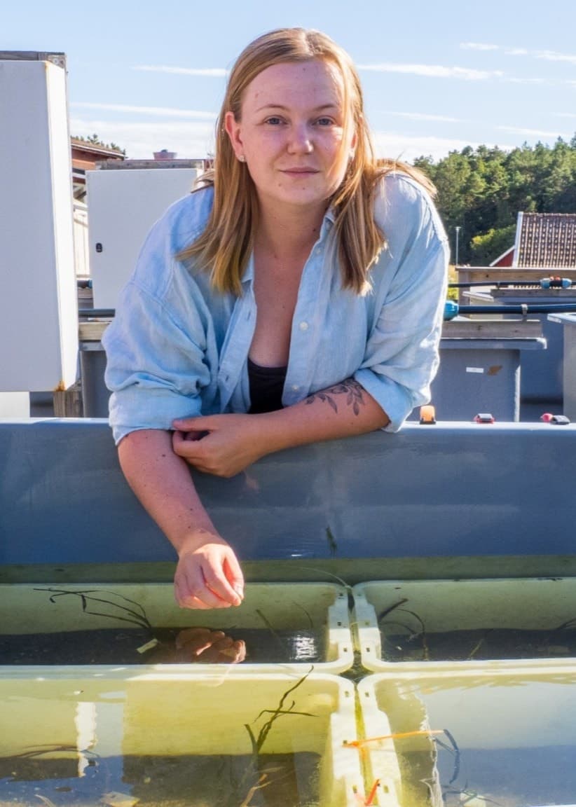 En kvinna, Erica Wik, masterstudent i marinbiologi, står vid en utomhus vattenbehållare med forskningsutrustning. Bakgrunden visar ett rött hus och grönskande träd under klar himmel.
