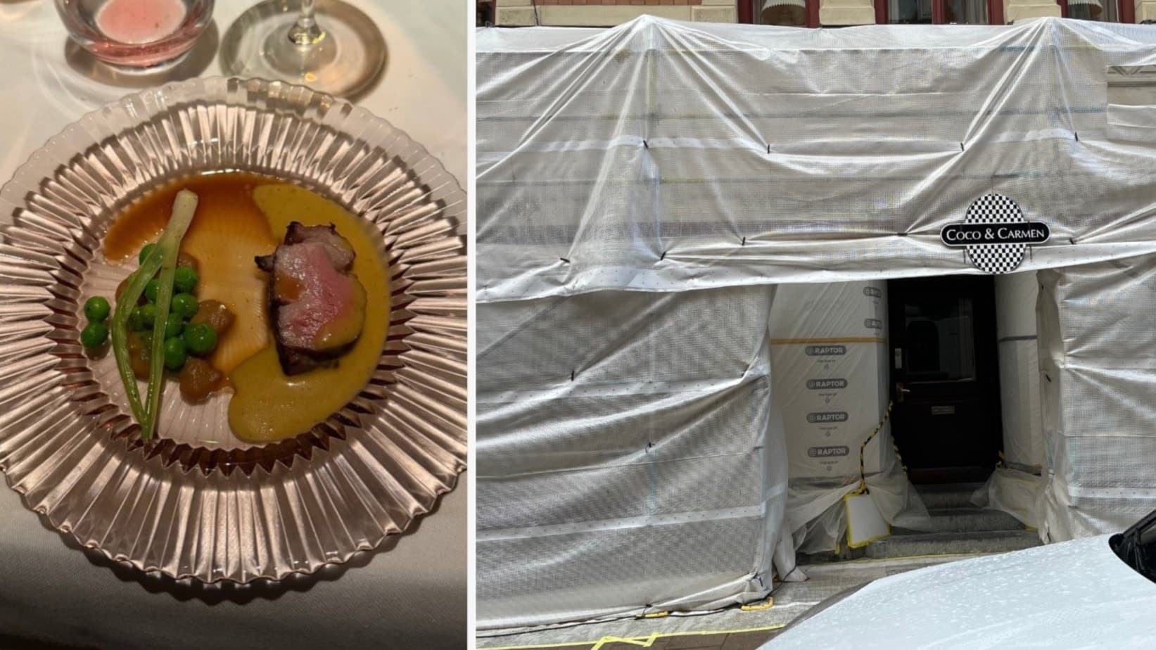 Bild som visar dels en elegant upplagd maträtt med kött, potatis och grönsaker, dels en restaurangfasad täckt med plastskynken, kopplat till listeriautbrott på Coco & Carmen.