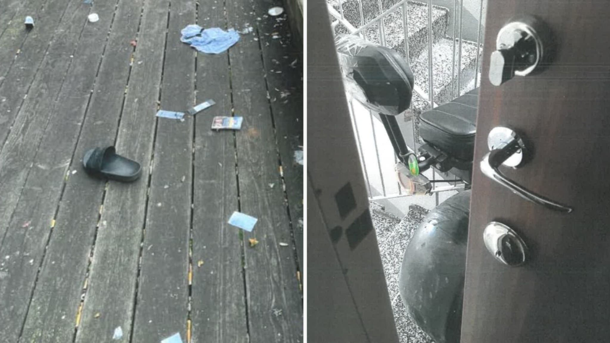 vänster sida med skräp, skor och trasor på en trätrall, höger sida med en dörr som visar en belamrad trappa. Foto: Hyresnämnden
