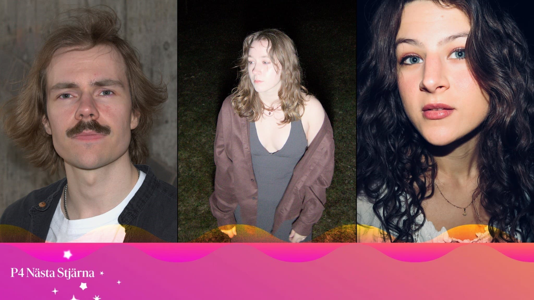 Erik Matti, Elvira Alfaro och Valerie Melina, finalister från Västerbotten i musiktävlingen P4 Nästa Stjärna, står uppställda framför olika bakgrunder, med fokus på deras deltagande.