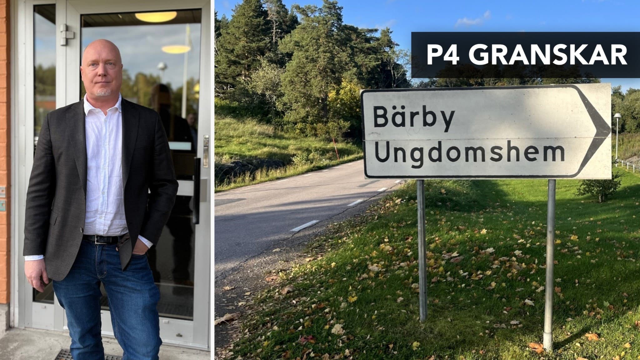 Man i kavaj och jeans lämnar en byggnad med glasdörrar. Brevid ses en vägskylt med texten 'Bärby Ungdomshem' i en lantlig miljö med träd och blå himmel.