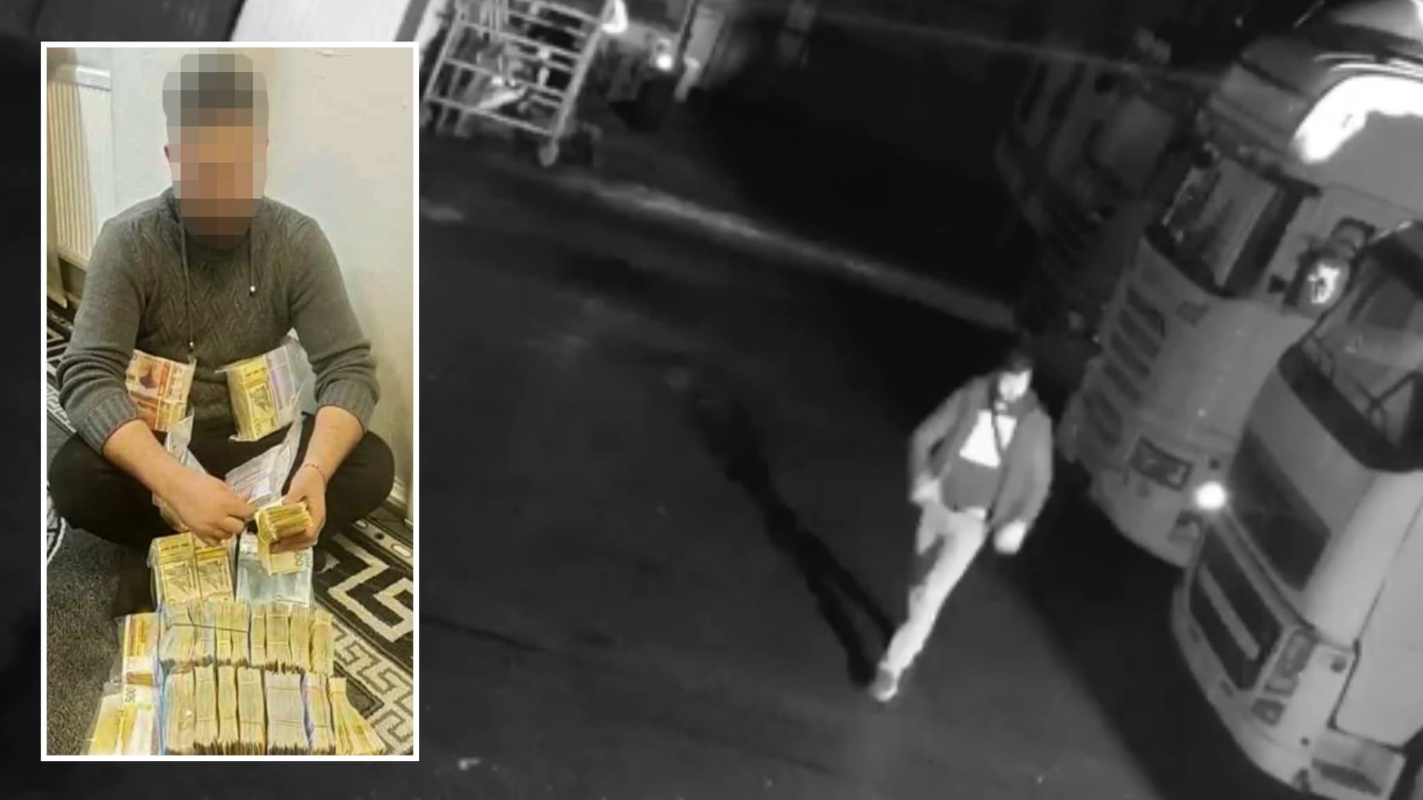 En övervakningsbild, svartvit, som visar en man som går över en parkering med lastbilar. Infälld bild på en pixlad man som räknar pengar.
