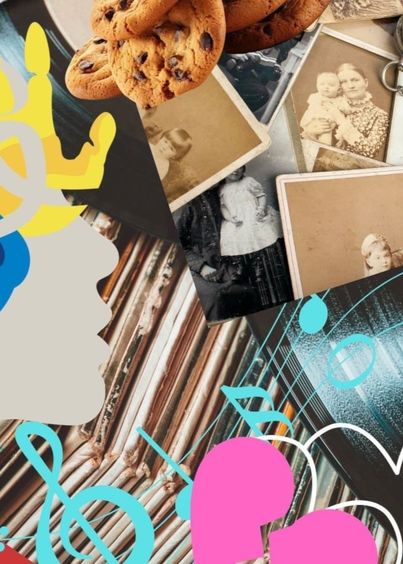 En färgglad illustration med handavtryck, noter, hjärtan, gamla fotografier och småkakor som symboliserar teman som kultur, nostalgi och kreativitet, kopplat till radioteatern Tjejsnack.