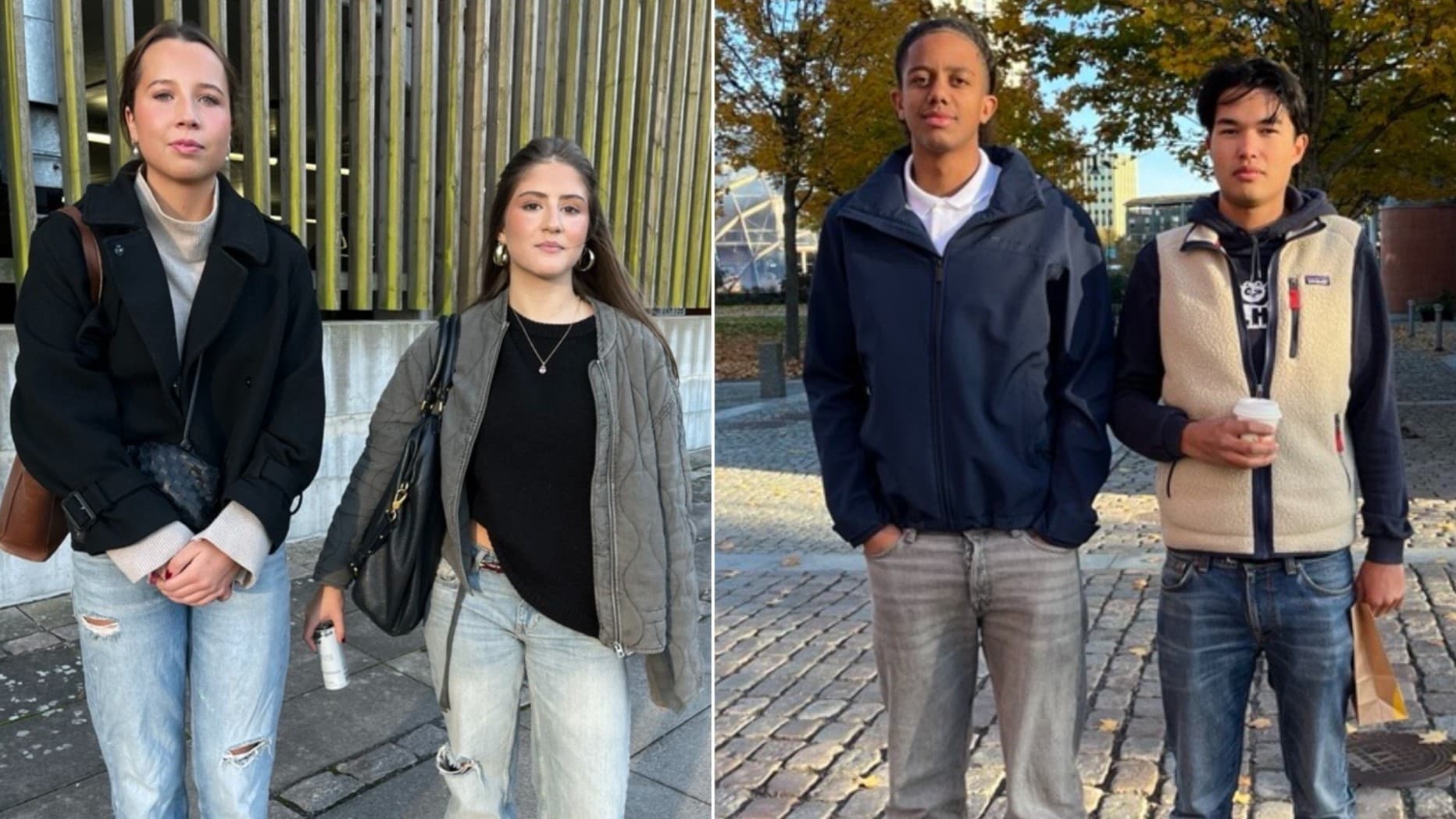 Ett kollage med två bilder som visar fyra personer utomhus. Två står framför en trävägg, och två framför ett stenlagt område med träd i bakgrunden. De håller vardagsföremål som kaffe och påsar.