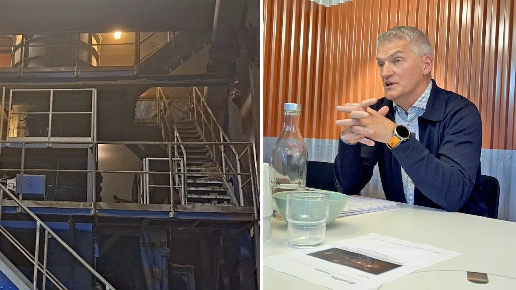 Till vänster syns SLF-avdelningen på Stena Recycling i Halmstad med metallkonstruktioner och fokus på luftmätningsarbete. Till höger sitter Roland Karlsson, produktionschef, vid ett bord med dokument och vattenflaska.