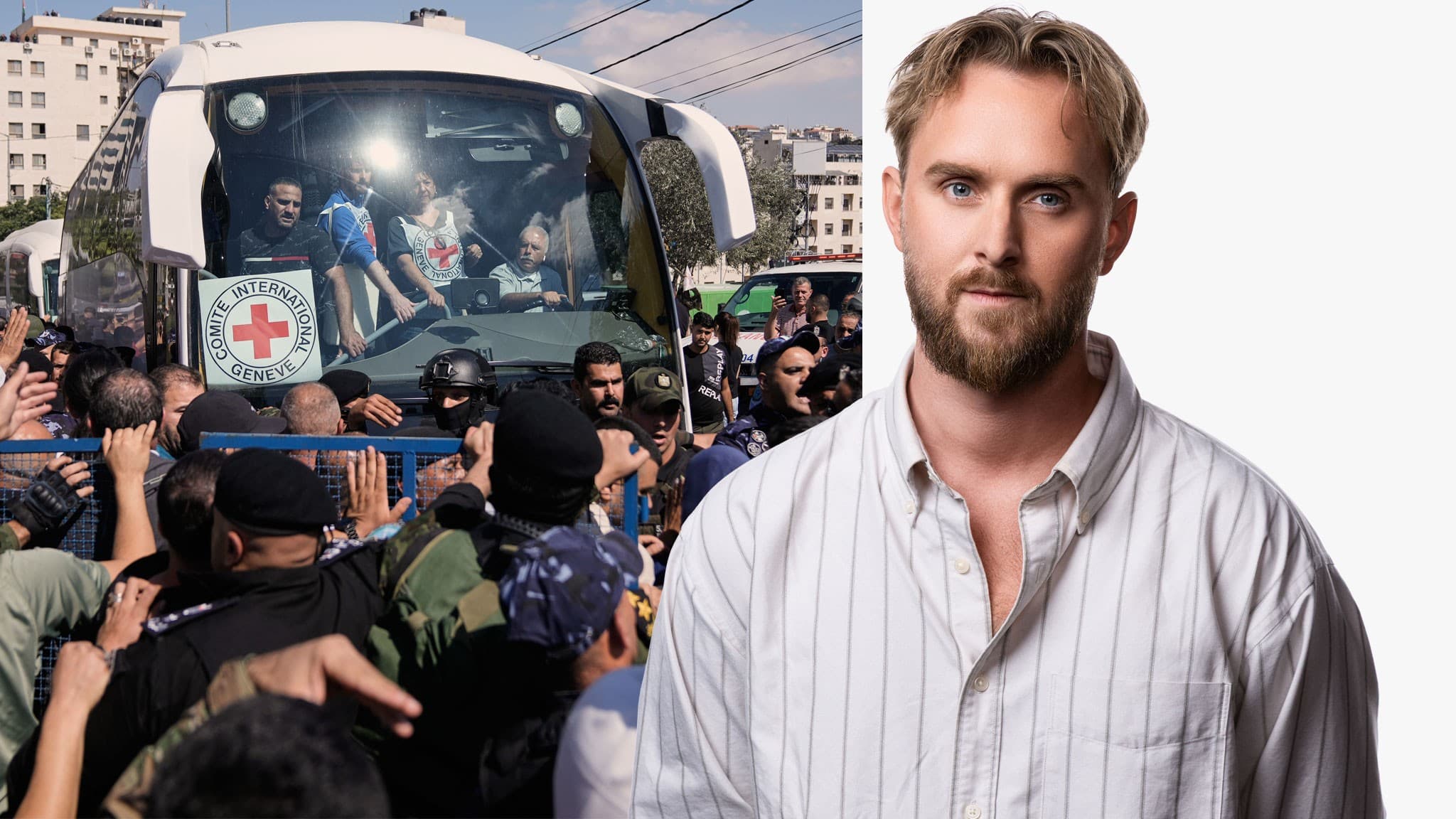 Montage. Palestinska tidigare fångar körs i en buss av röda korset. Till höger Love Lyssarides.
