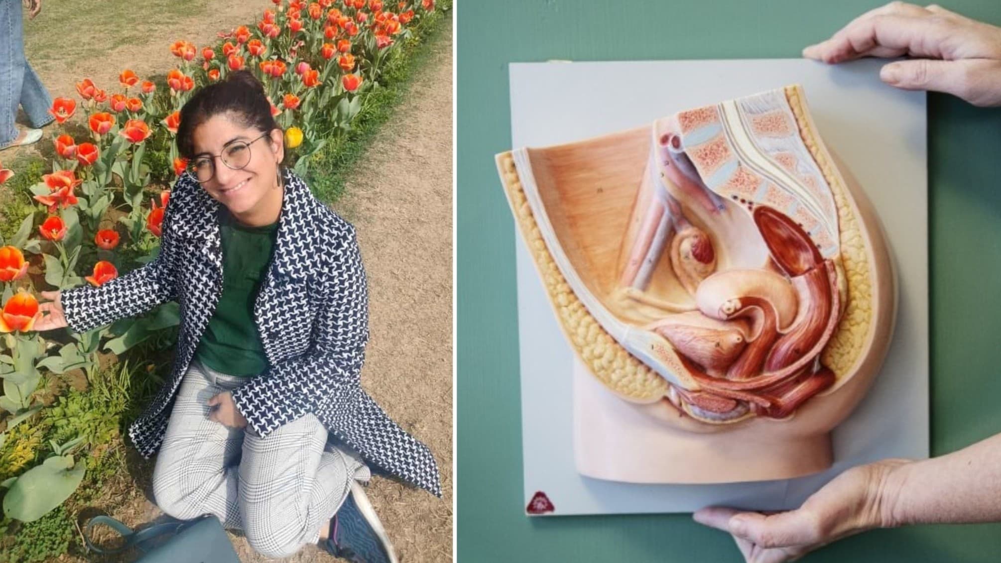 Till vänster syns en kvinna som sitter vid en blomrabatt med orange blommor, och till höger visas en anatomisk modell av kvinnliga reproduktionsorgan som någon håller i med sina händer.