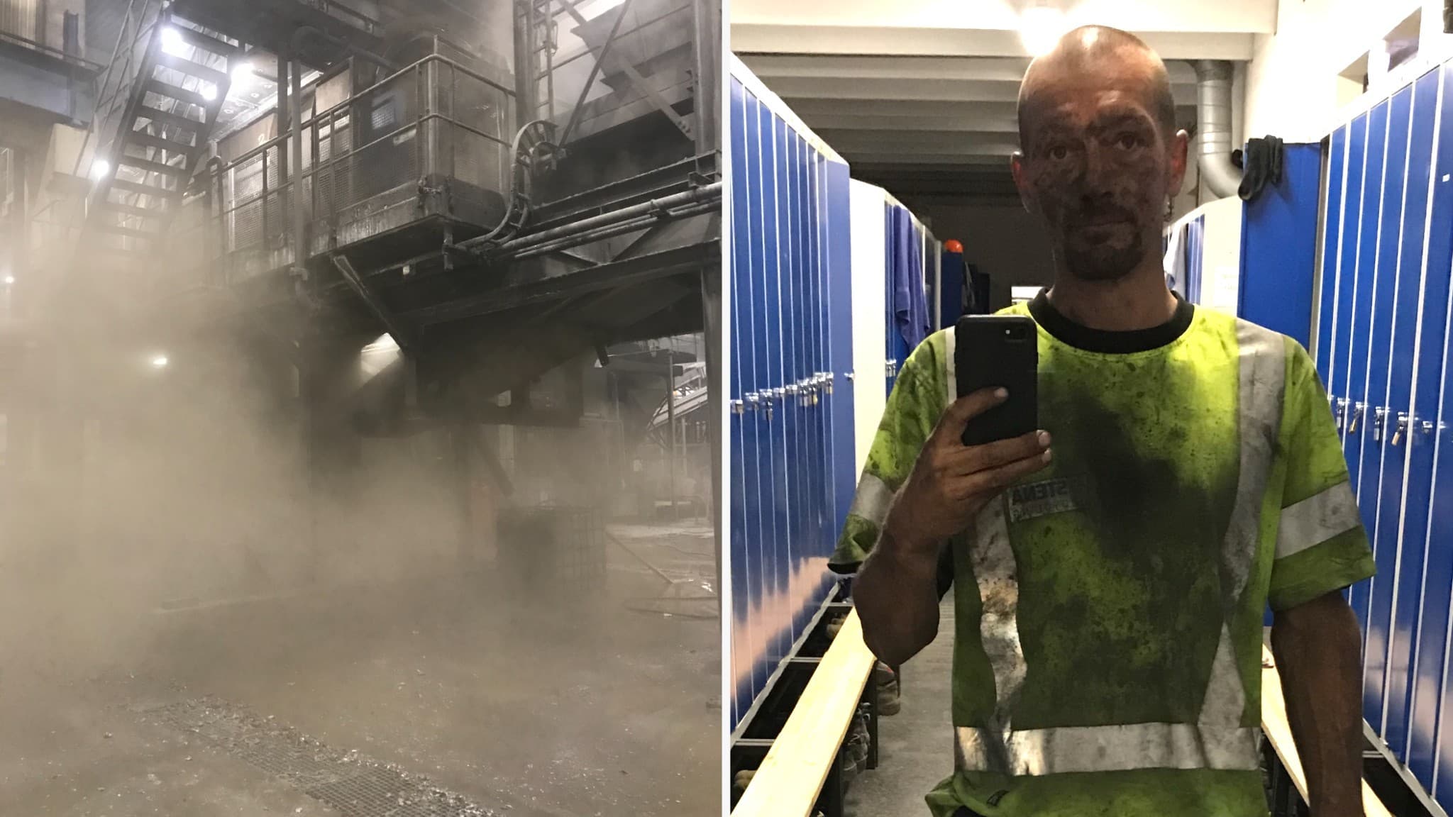 Timmie Nilsson står i arbetskläder framför blå skåp på en arbetsplats. Till vänster syns en industrimiljö med damm som fyller luften under en metallstruktur.
