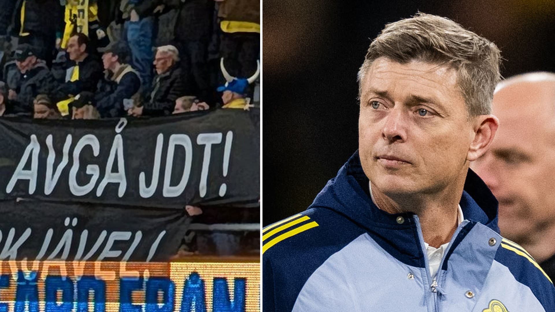 En banderoll med texten ”Avgå JDT” och en bild på Jon Dahl Tomasson.