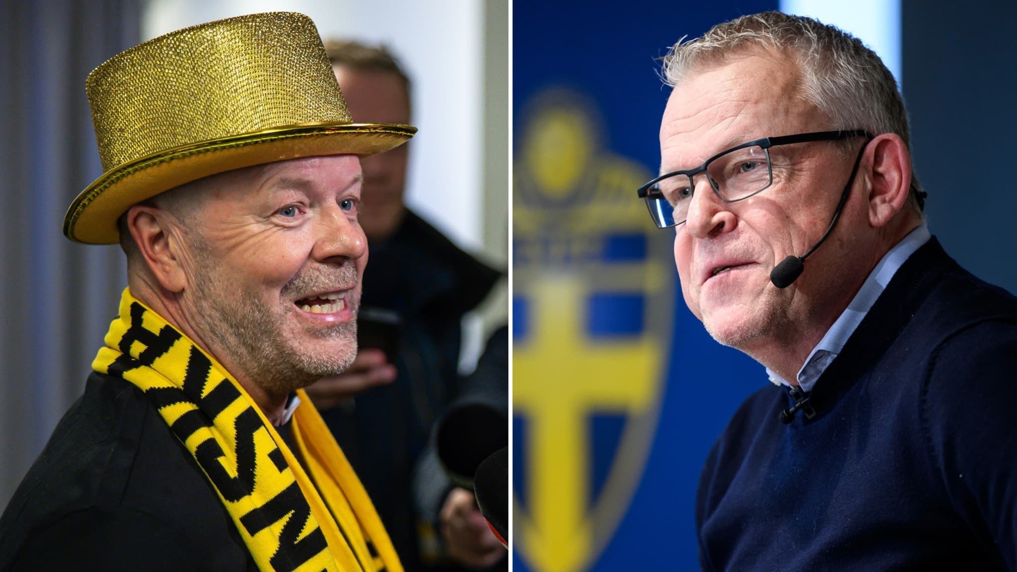 Två personer i fokus, en med guldfärgad hatt, den andra vid en bakgrund med Svenska Fotbollförbundets logotyp. Bilden symboliserar svensk fotboll och dess profiler.