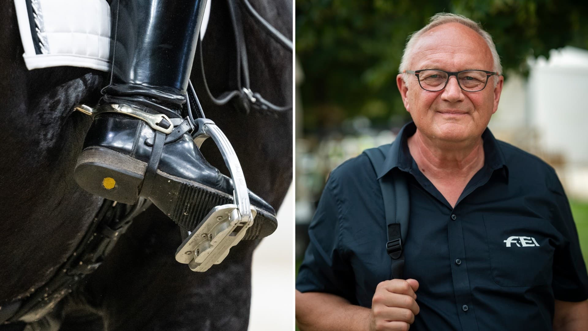 Närbild av en ryttares stövel i stigbygel under dressyr och en person i FEI-tröja som står utomhus. Bilden symboliserar hästsport och koppling till internationella ridsportorganisationen.