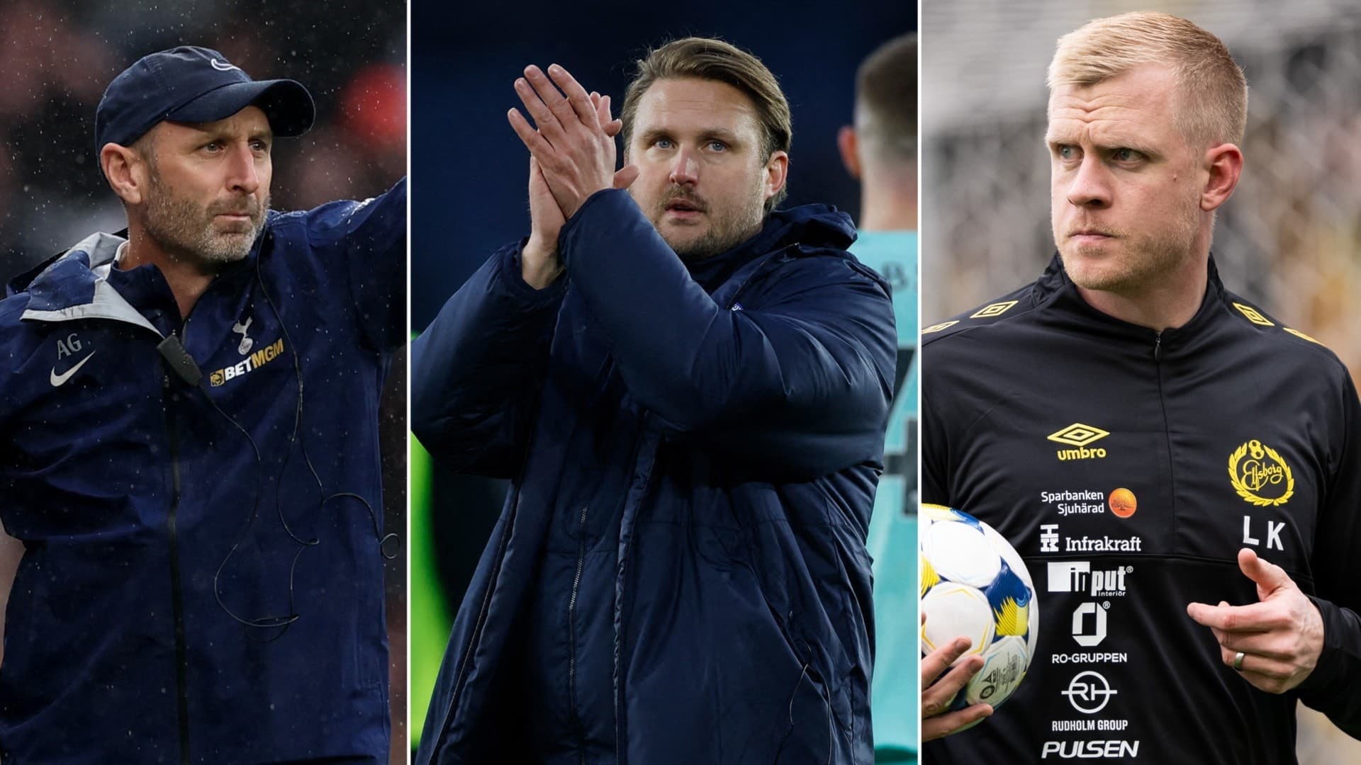 Bildmontage med tre fotbollstränare i olika miljöer. Den första gestikulerar i en mörkblå jacka, den andra applåderar i en vinterjacka, och den tredje håller en fotboll iklädd en svart träningsdräkt.