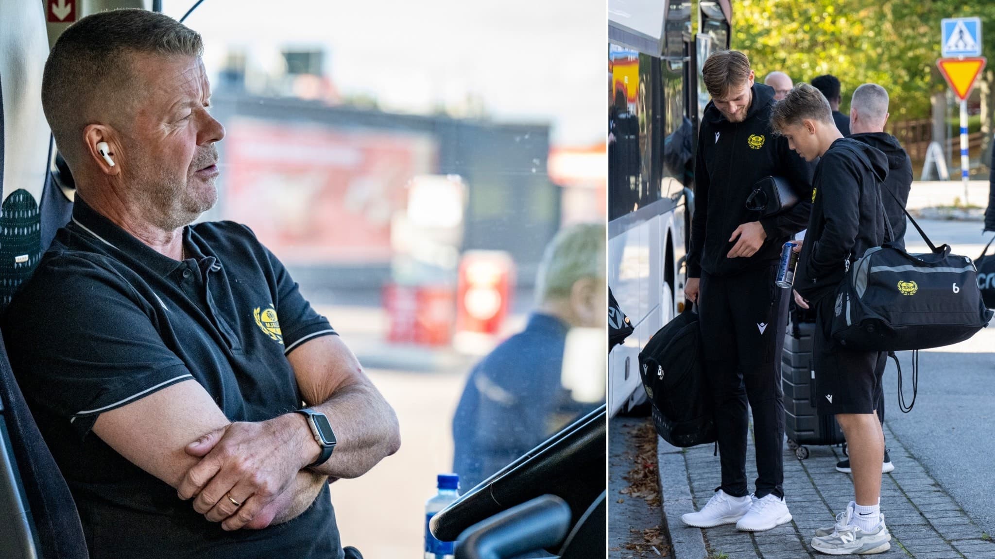 Mjällbys tränare Anders Torstensson vid ratten.
