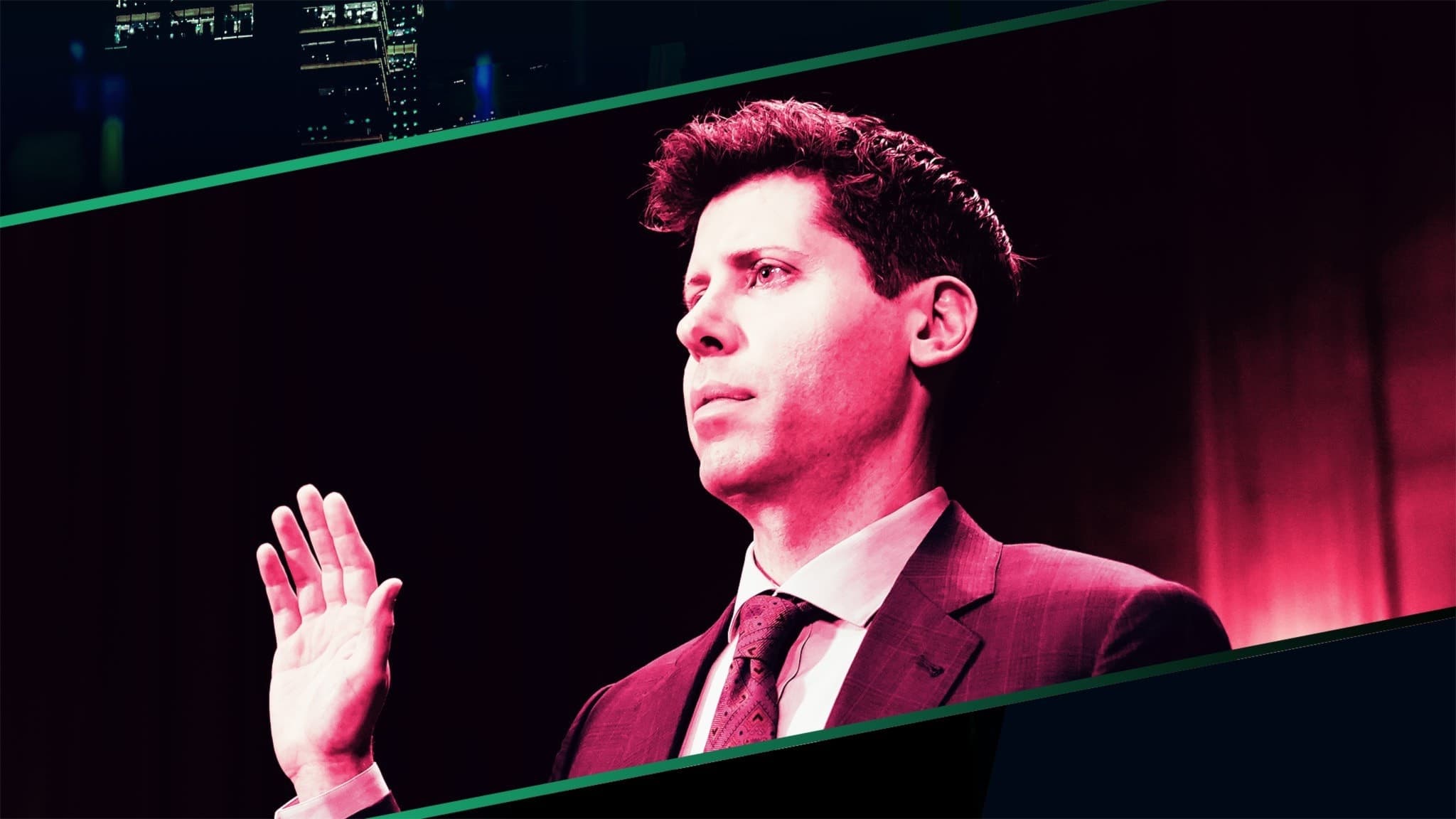 Sam Altman höjer sin hand för att svära en ed, under utrfrågning i kongressen.