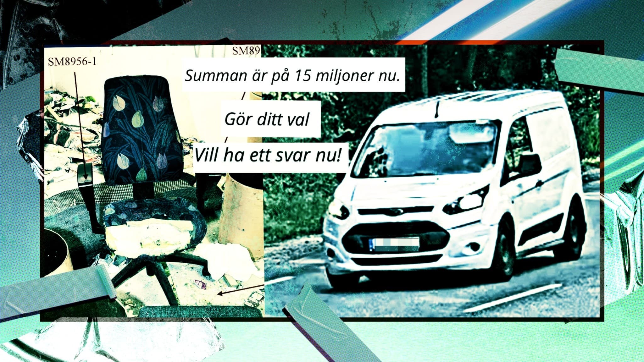 Till vänster i bild, sliten kontorsstol, till höger i bild - vit skåpbil som kör på väg. I mitten meddelanden om lösensumma.